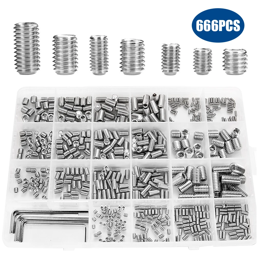

YCDC 666Pcs Alloy Steel Head Hexagon Socket Screw M2 M3 M4 M5 M6 M8 Hex Headless Assortment Set Point Screw Grub Set Screws Flat