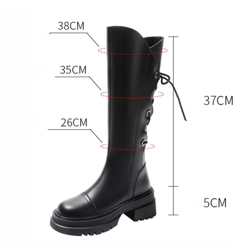 Women's Spring Autumn Boots Fashion Lady PU Leather Knee-High Back Lace Up Black Shoes Motorcycle Boots Female 2023 New