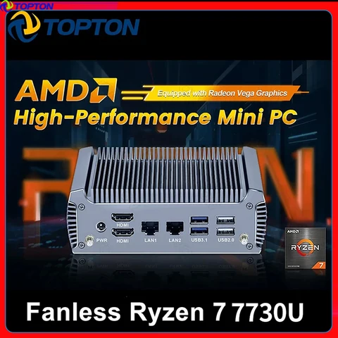Безвентиляторный мини-ПК AMD Ryzen 7 7730U, 8 ядер, 16 потоков, игровой компьютер, Windows 11, 2 LAN, брандмауэр, мягкий маршрутизатор 2 * HDMI2.0 NVMe WiFi6