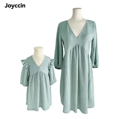 Joyccin Plus, семейные наряды с глубоким V-образным вырезом, одежда для мам, детей, цветочный принт, три четверти, пышные рукава, сексуальные платья