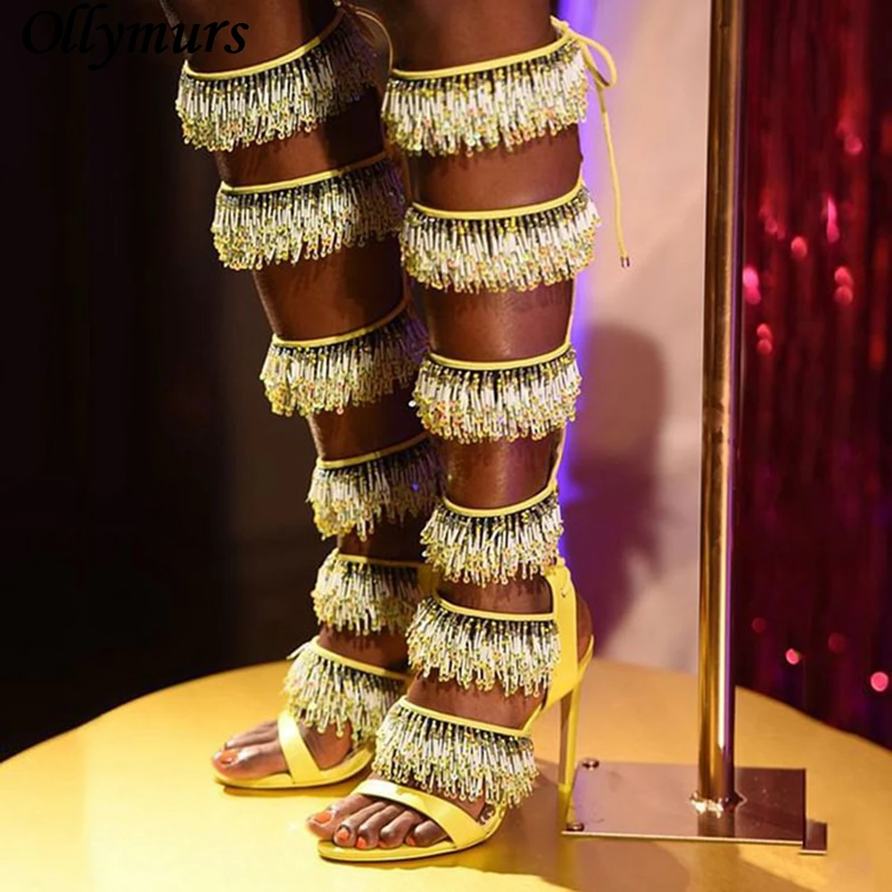 

European and American New Multi-layer Tassel Women's Sandals Distinctive High-heeled Women's Cool Boots