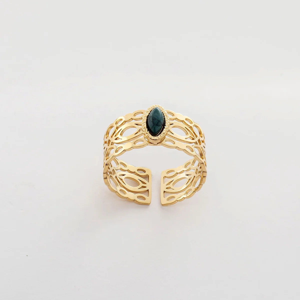 

European and American retro personality inlaid turquoise open ring trend all-match 14 gold plated hollow ring female