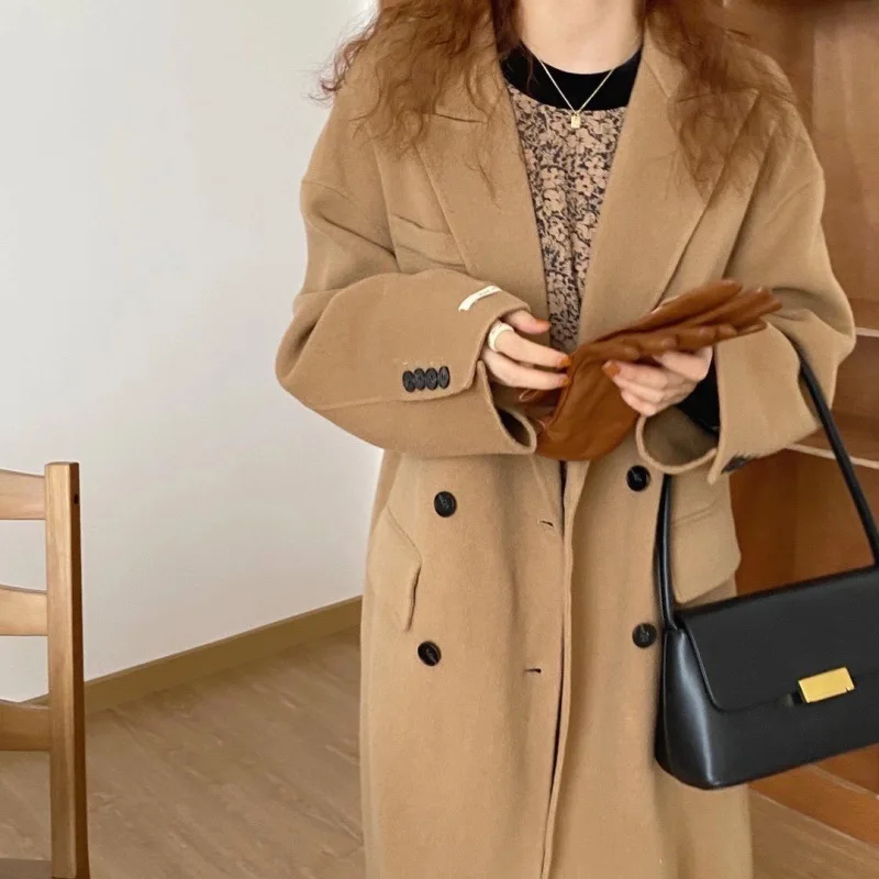 

Korean Fashion Double Sided Velvet Coat Women's Mid Length Solid Color Over Knee Woolen Coat Jacket Women