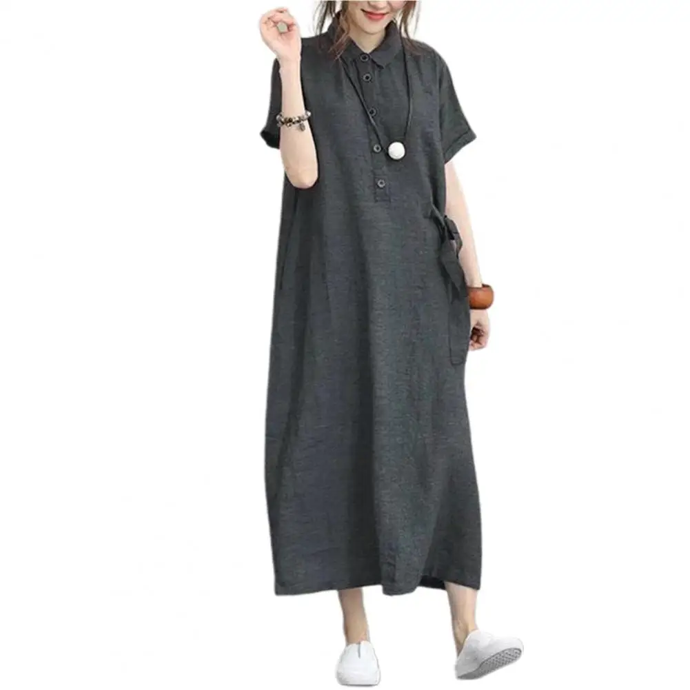 

Robe Dress Buttons Side Lace-up Pocket Dress Lapel Short Sleeve Summer Shirt Midi Dress Female party dresses robe femme été