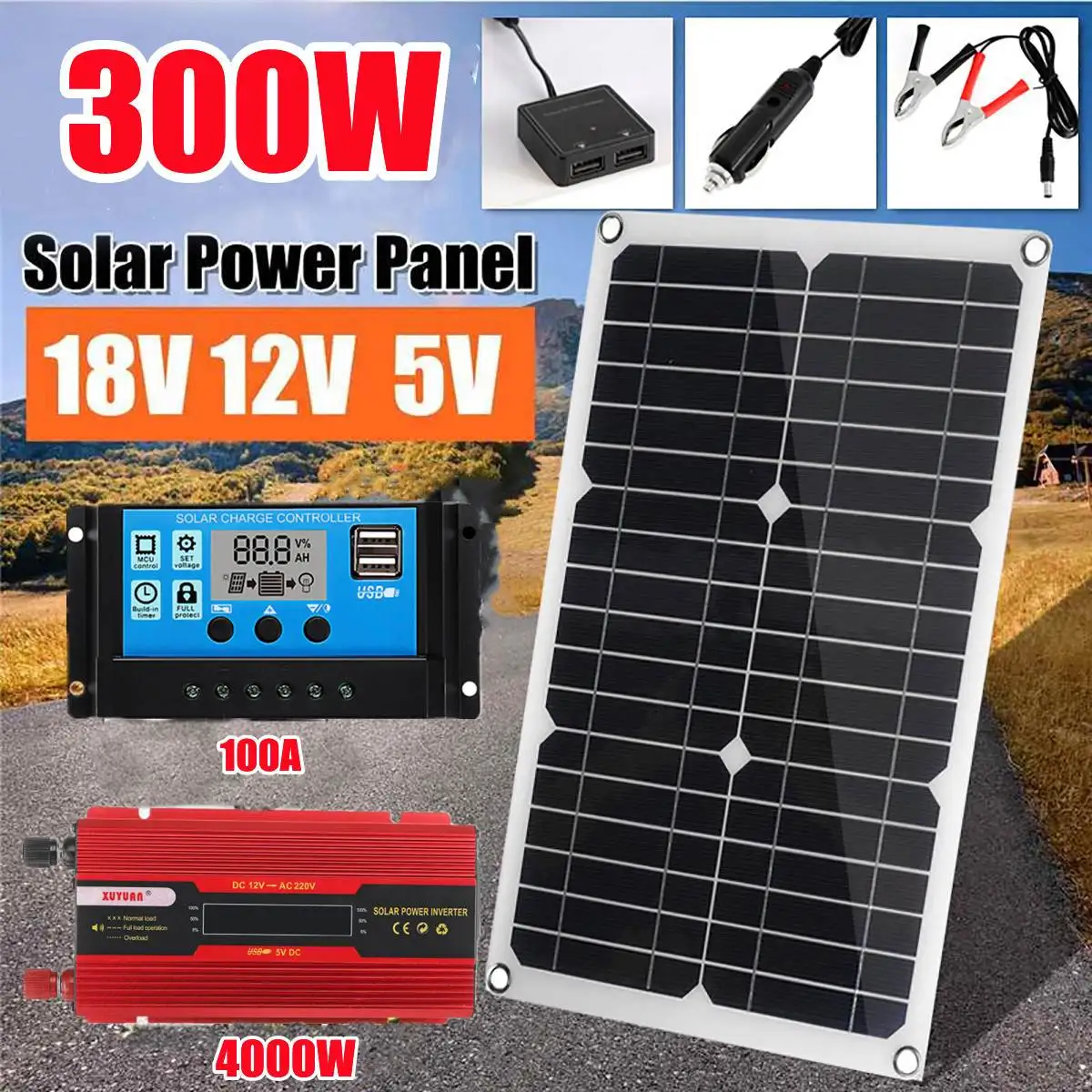 

300W Solar Panel Dual 18v USB With 100A Controller Waterproof Solar Cells Mono Solar Cells for Car Yacht RV Battery Charger