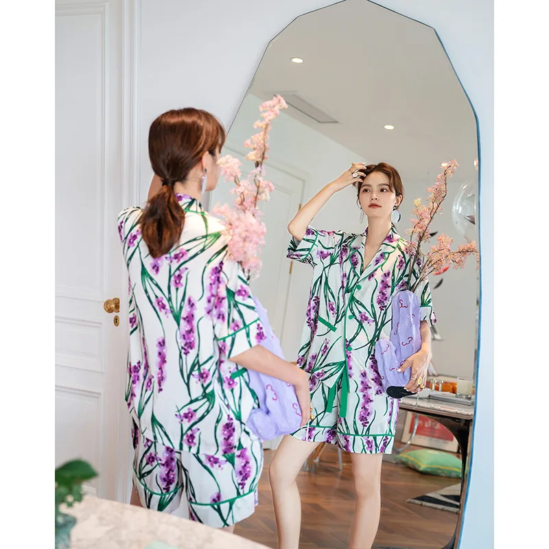 Womens Vintage Pajama Luxury Clothes Floral Print Two Piece Sets Womens Outfits Pyjamas Sleep Wears For Women