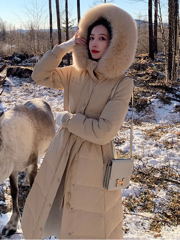 2023 Winter Long Straight Down Jackets Coats Women Parka Fake Fur Collar Hooded Thick Coat Warm Female Outwear Down Jacket