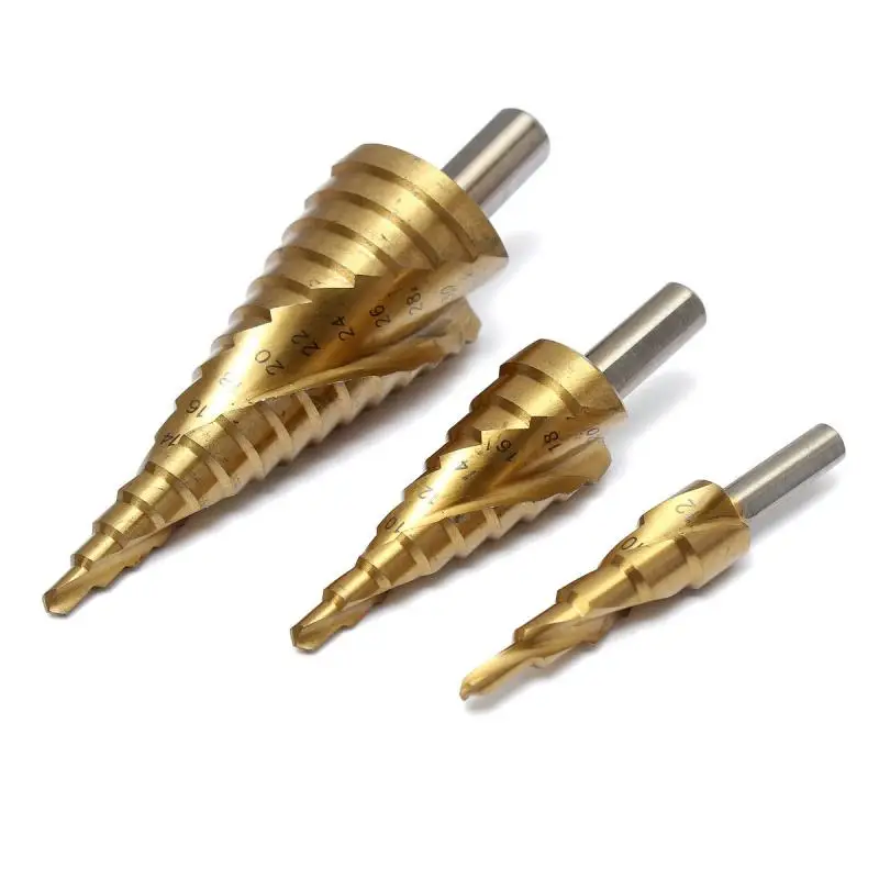 

3Pcs triangular handle titanium plated spiral groove step drill 4-32mm 4-20mm 4-12mm pagoda drill floor step drill 12-32MM