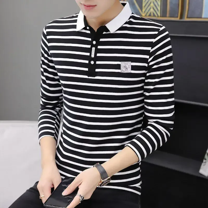 Футболка-поло мужская в полоску винтажная одежда 90-х годов свитшот с длинным