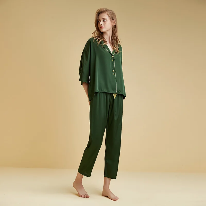 Summer Thin Section Ice Silk Women Pajama Sets Lapel 3/4 Sleeves Pajamas Set Elegant Night Wears for Women's Sets Free Shipping
