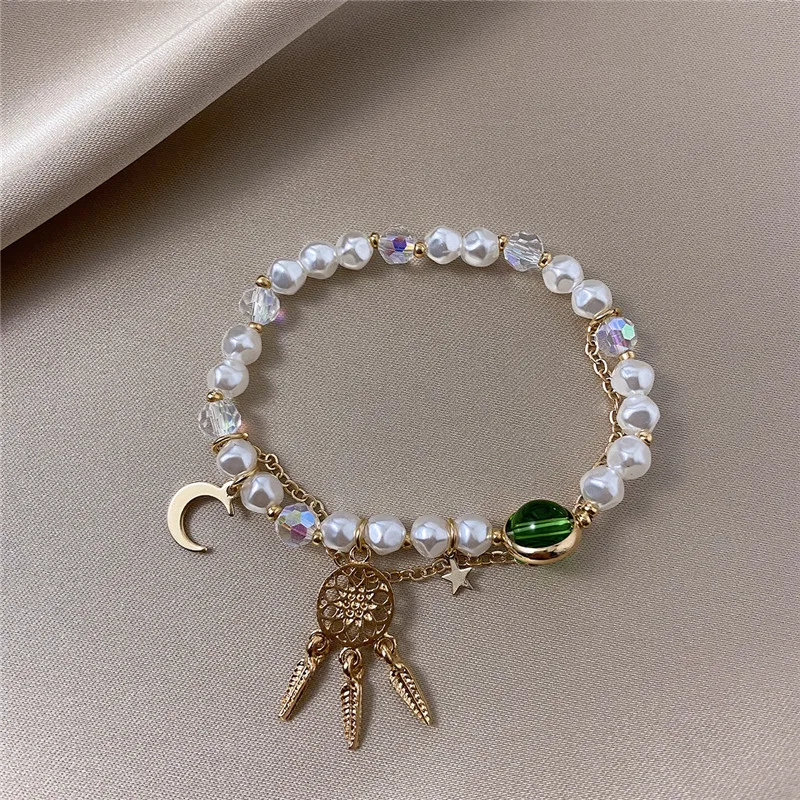 

Romantic Double Layer Dreamcatcher Star Moon Bracelet Fashion Charm Pearl Beaded Bracelet for Women Party Holiday Birthday Gift