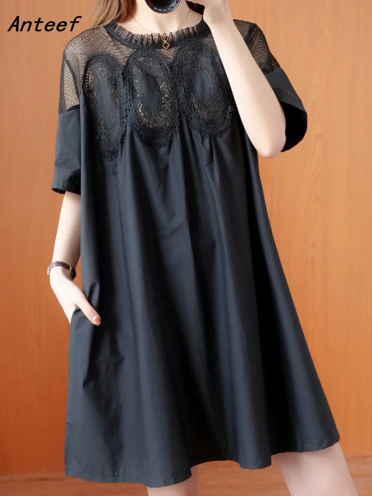 

short sleeve lace mesh vintage dresses for women casual loose mini summer dress elegant clothes 2022