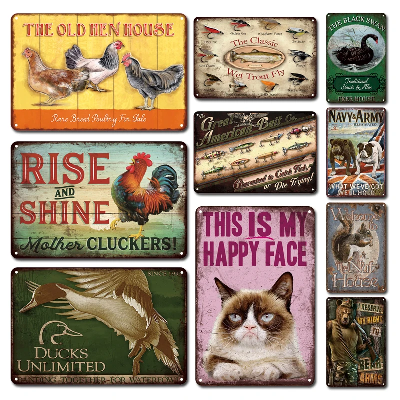 

Классические Постеры для рыбалки, металлическая пластина, жестяная вывеска, винтажный куриный Кот, художественная живопись, Декор, табличк...