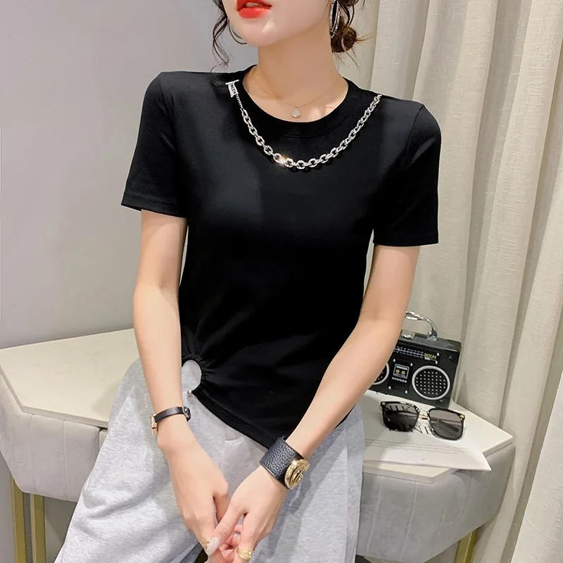 

#5283 Short Tshirt Women Irregular O-neck Chain Summer Streetwear Skinny Short Sleeve Tshirt Ladies Cotton Black White Green Red