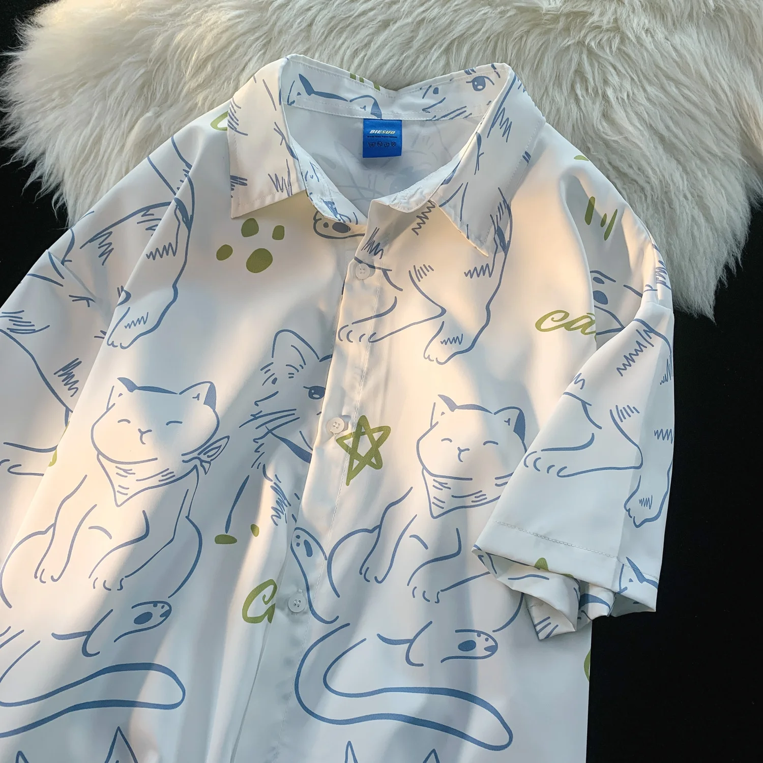 

Summer Women Shirts 2023 Japanese Cityboy Fun Cartoon Cat Print Shirt Chic Woman Men Korean Style Blouse for Women Short Sleeve