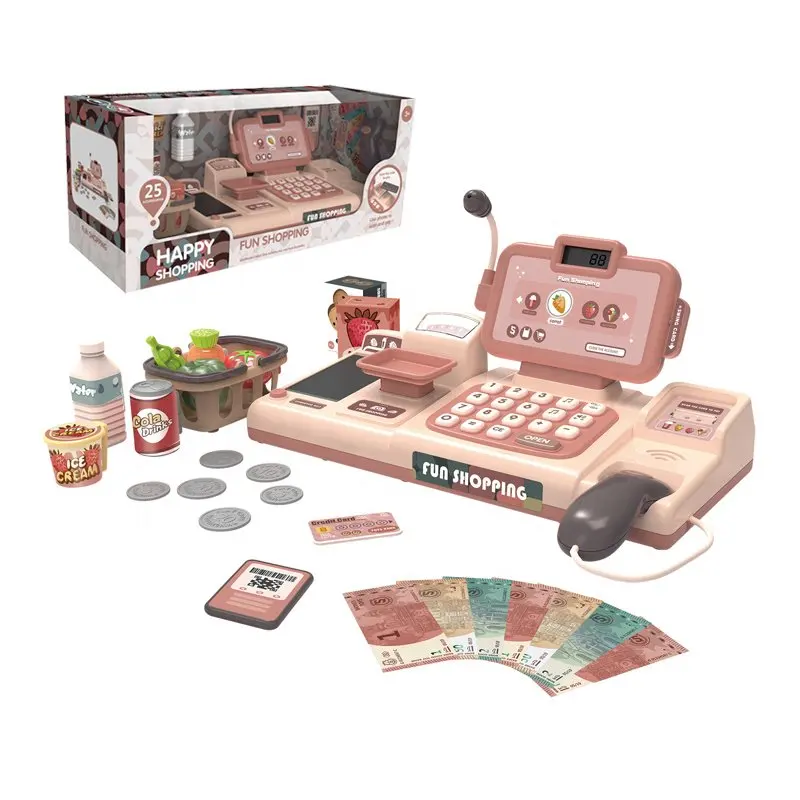 

Cash Register Toy for Kids Shopping Pretend Play Calculator Set with 25pcs Accessories Includes Realistic Scanner & Sound & Micr