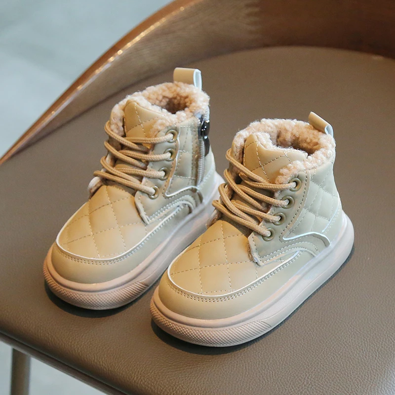 

Fashion Girls Leather Ankle Boots Little Girls Plush Warm Snow Boots Leather Shoes Kids Non-slip Short Boots 3-6Y Autumn Winter