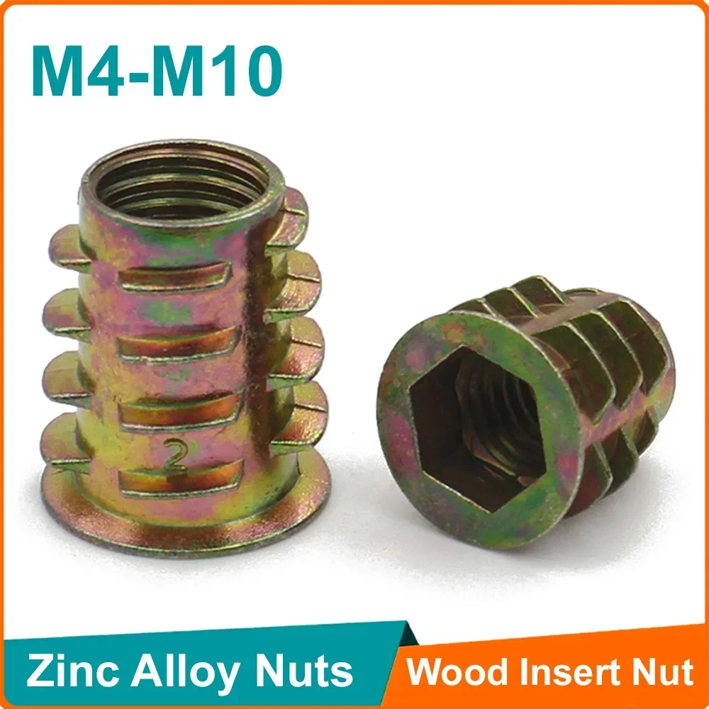 

10-50 шт. резьба из цинкового сплава для деревянной вставки, гайка M4 M5 M6 M8 M10, фланцевые шестигранные головки, мебельные гайки