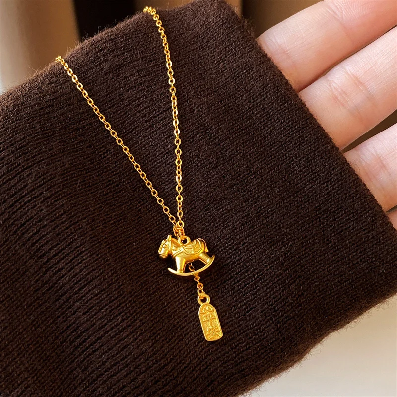 Фото Скидка! Золотое колье 18K с подвеской в виде лошади и чешуи дракона, цепочка на ключицу с кисточкой, ювелирный подарок для женщин, AU750 №1