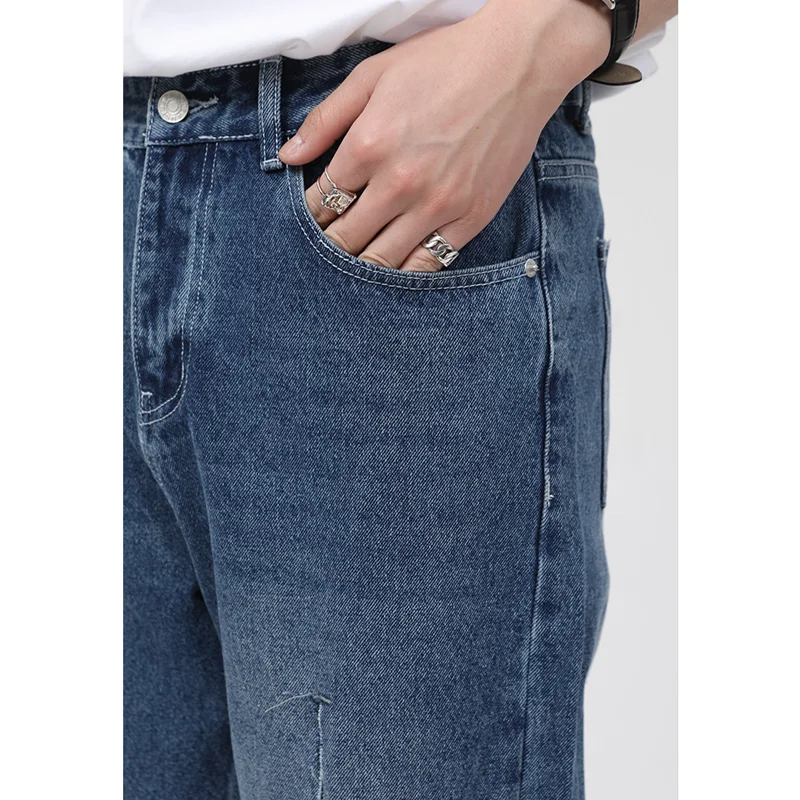 Men Clothing 2022 New Pattern Hole Jeans Loose Recreational Straight Cylinder Blue Temperament Versatile Mop Pants Autumn Female