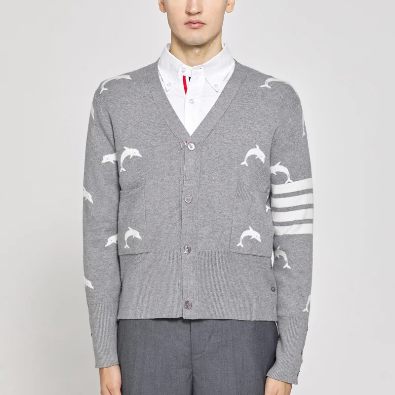 THOM TB Dolphins Jacquard Sweater Men Women Casual Wool Knitted Coats Fashion Brand High Street 4-Bar Stripe V-Neck Cardigans