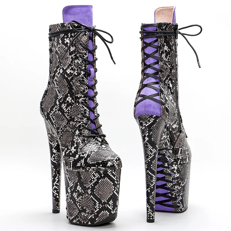 Leecabe  20CM/8inches snakeskin  upper lace up  ankle boots fashion shoes  High Heel platform Pole Dance boot