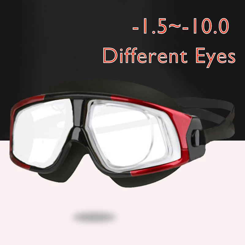 -1.5 To -10.0 Myopia Swim Eyewear Silicone Large Frame Anti Fog Swimming Goggles Custom Different  Left Right Eyes Degree