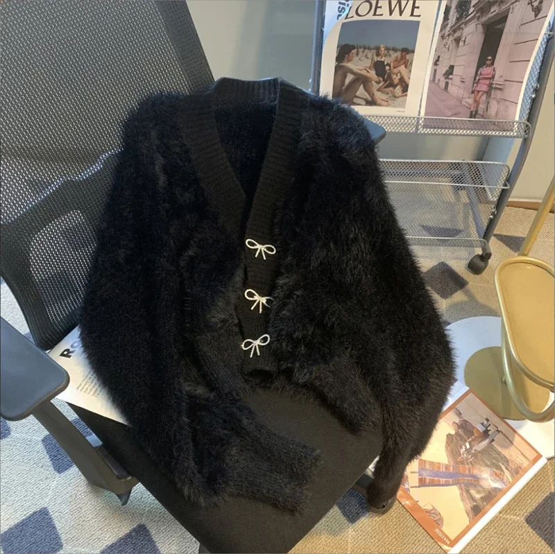 Вязаный кардиган свитер розовый норковый пальто женский осенний утолщенный