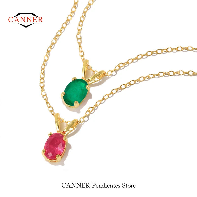

CANNER 925 Sterling Silver Green Red Gemstone Wedding Versatile Classic Clavicle Chain Necklace For Women Fine Jewelry Gifts