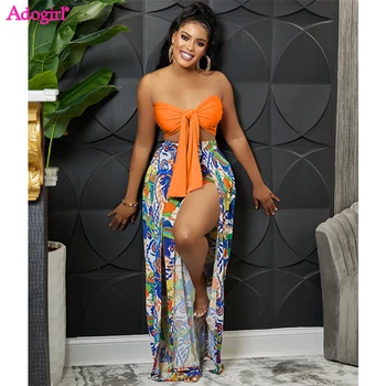 Adogirl Women Sexy Two Piece Set Vocation Outfits Lace Up Tie Strapless Crop Top Print Split Wide Leg Pants Summer Beach Suit 1