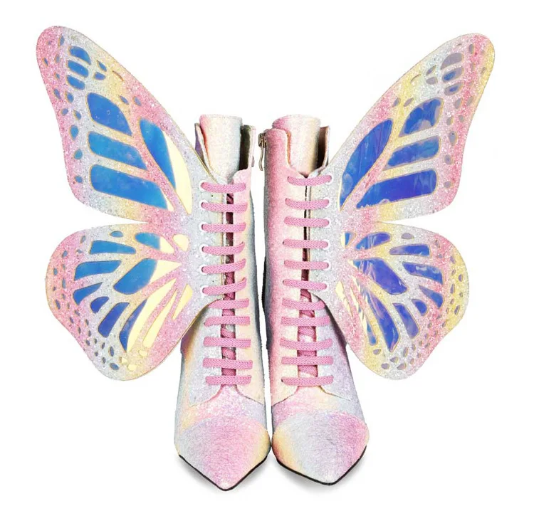 

Side Zipper Lace up Butterfly Wings Boots Women Luxury BlingBling Pointy Toe Boots Ladies Fashion Mid-calf Thin High Heel Shoes