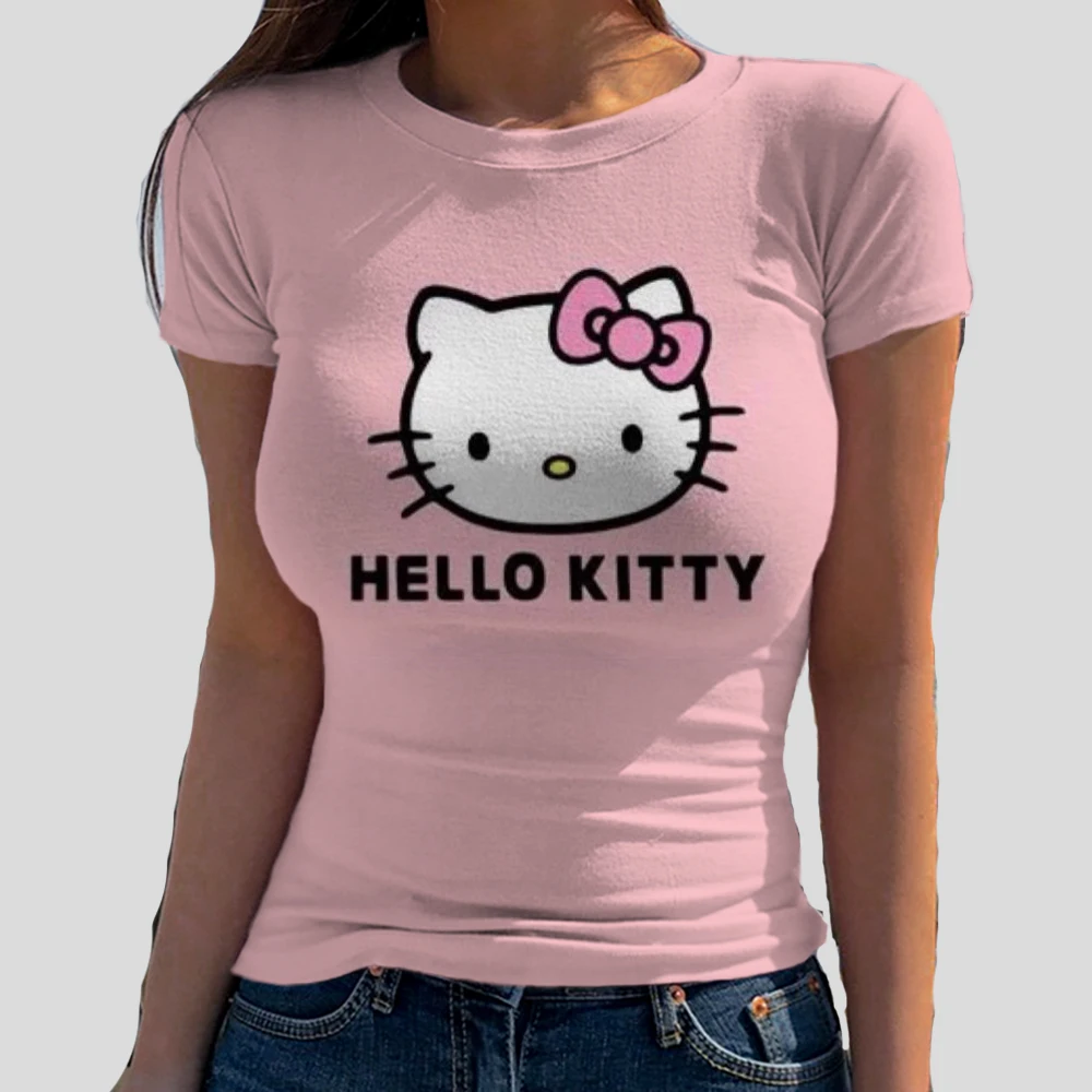 Женская футболка с круглым вырезом и принтом Hello Kitty эластичная Базовая