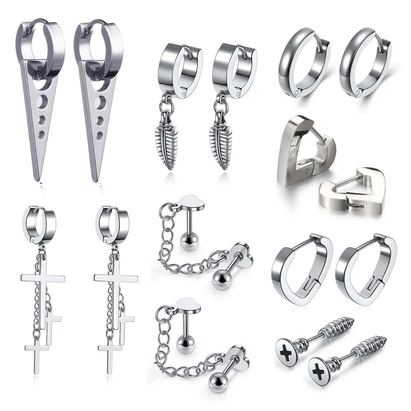 

8Pairs Earrings for Men Silver Earrings Stud Stainless Steel Cross Dangle Chain Huggie Hinged Hoop Earrings Set Piercing Jewelry