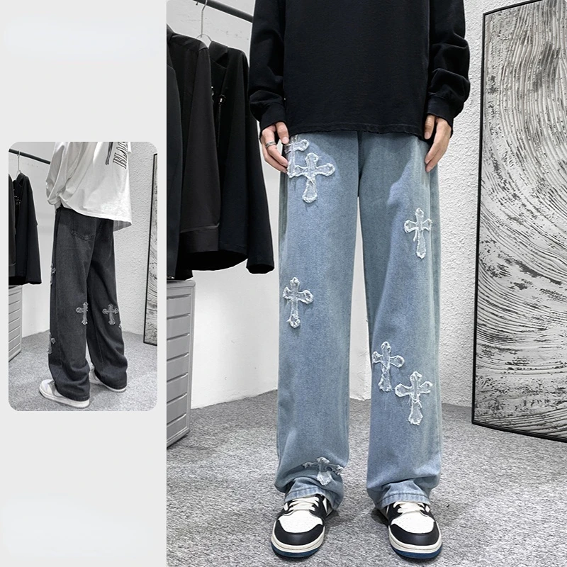 Korean High Street Loose Casual Pants Men's Embroidered Cross Flare New Jeans Denim  Men Same Paragraph Y2k Black Blue Jeans