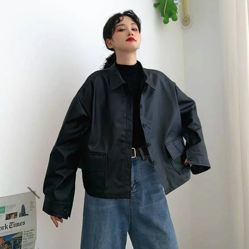 Spring  Autumn Chic Vintage Motorcycle PU Leather Coat Loose Student Leather Coat Short Coat Women Short Girl Leather Coat