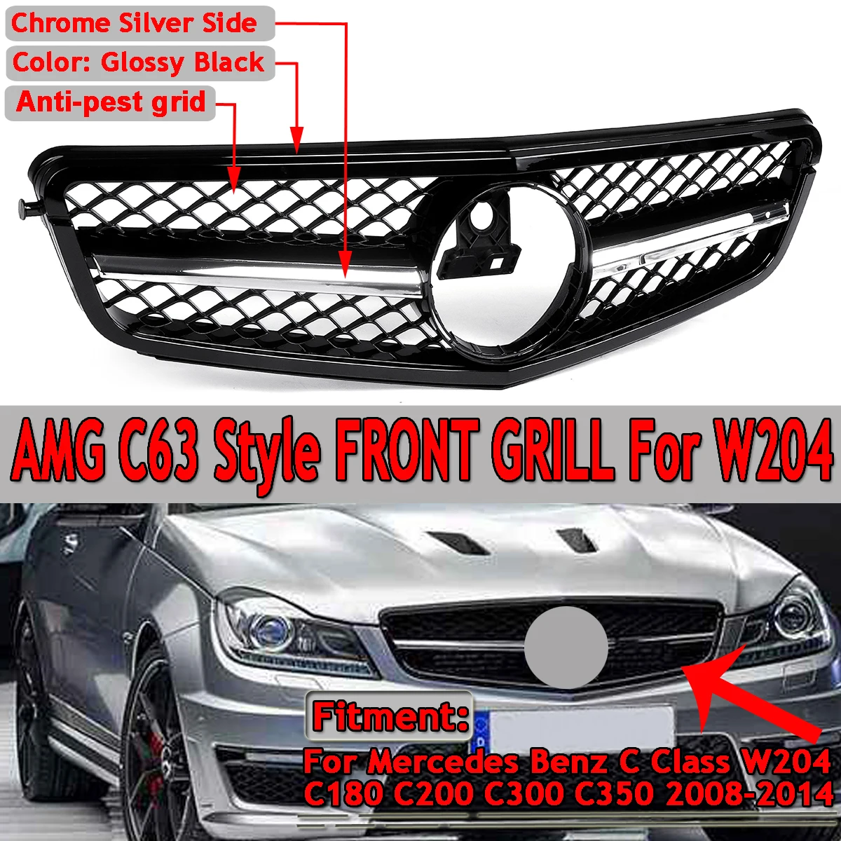 

For AMG C63 Style New Car Front Upper Grille Grill For Mercedes For Benz C Class W204 C180 C200 C300 C350 2008-14 Racing Grille