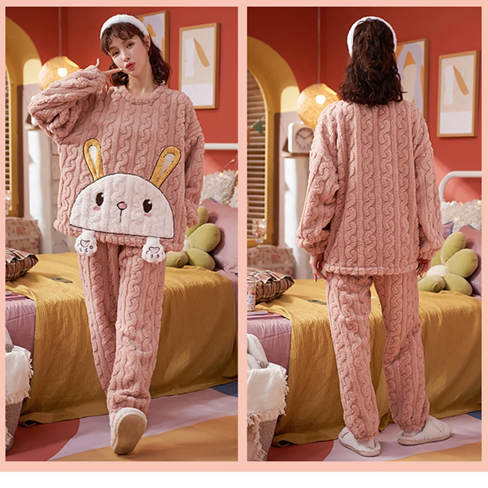 Sweet Fairy Cartoon Pajamas for Women Winter Flannel Thicken Sleepwear Soft Plush Pyjamas Sets Casual Loose Pijama Night Wears