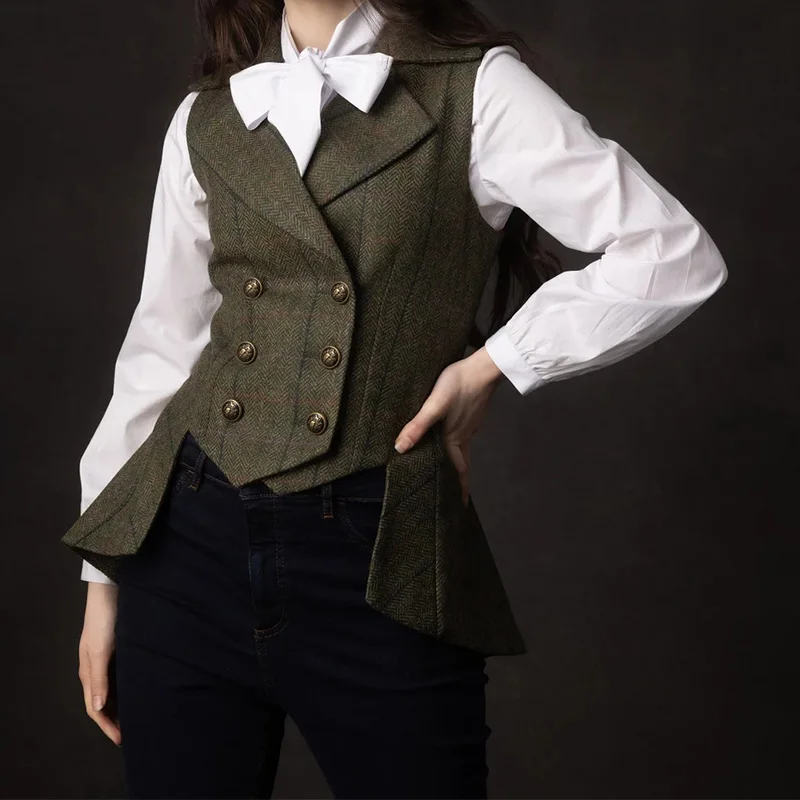 New Style Tuxedo Women's Suit Vest Check Herringbone Tweed Double Breasted Elegant Womens Jackets Best Coats Clothing Płaszcz