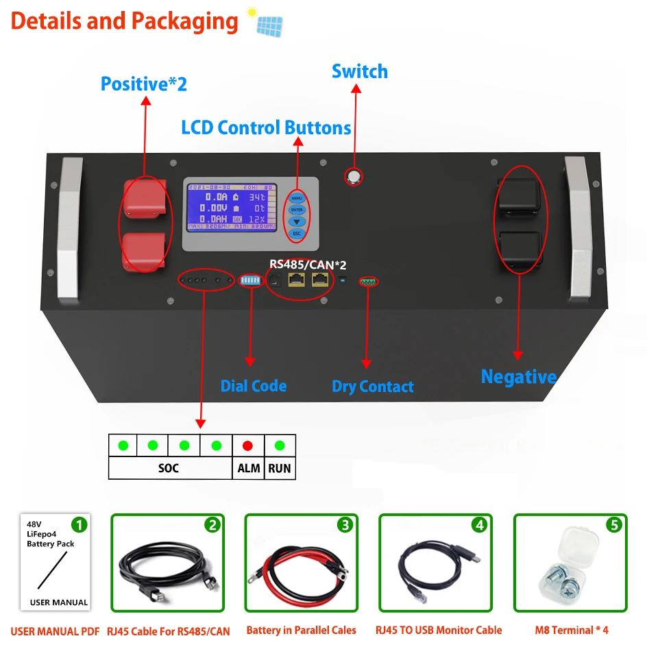 LiFePO4 48V 120Ah Battery Pack 6000 Cycle 6.14KWH RS485 CAN PC Monitor 16S BMS 51.2V 100Ah 200Ah PV Off/On Gird Inverter Battery