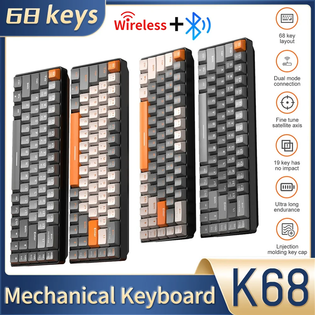 

Беспроводная механическая клавиатура K68, совместимая с Bluetooth 5,0, Двухрежимная, 68 клавиш, мини-клавиатура Hotswap для игр на Mac, Windows