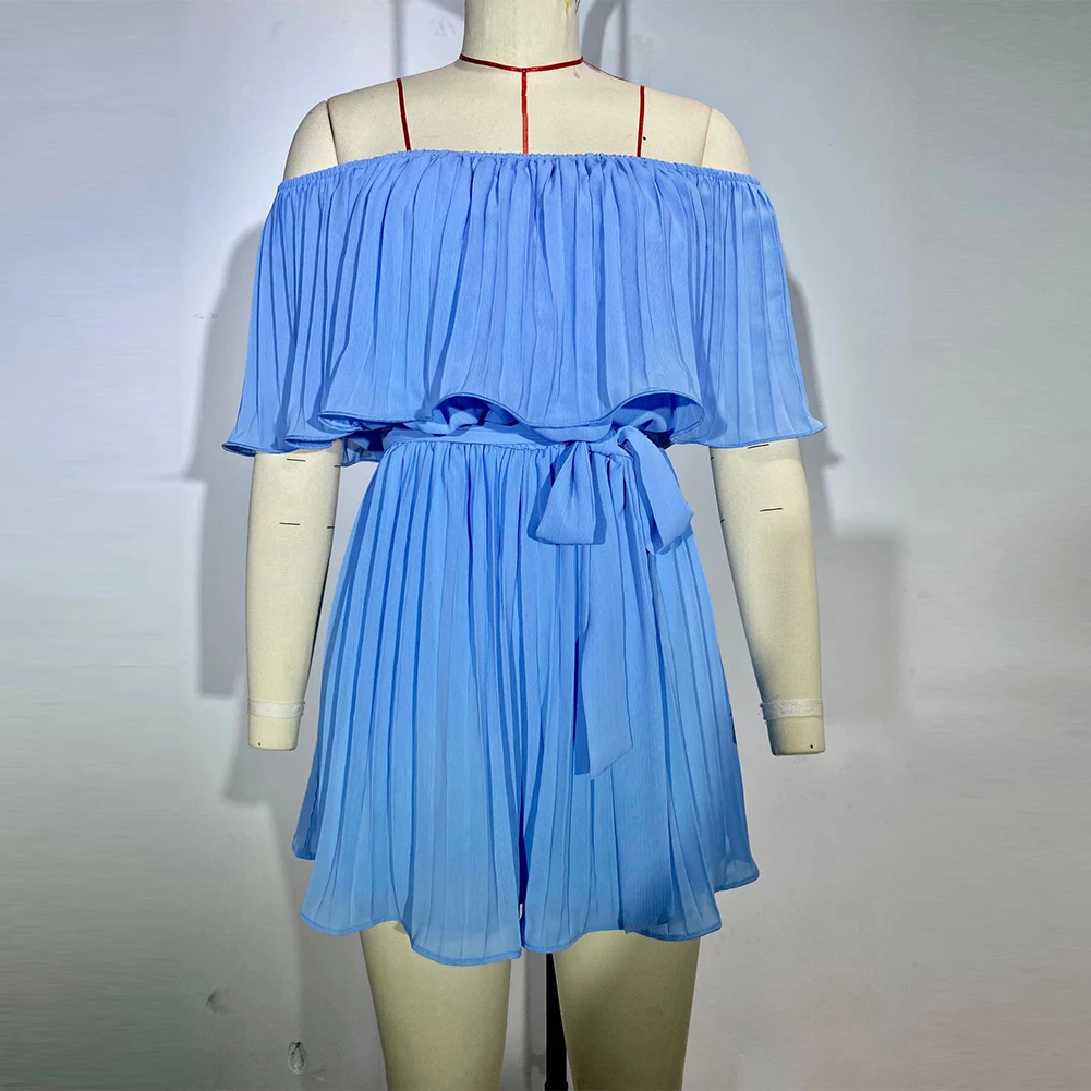 Women Off Shoulder Playsuits Slash Neck Rompers Pleated Dress Short Pants Office Ladies Jumpsuits 2023 Elegant Woman Costume