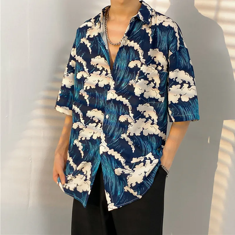 Summer Shirts Men Fashion Cardigan Printed Tops Japanese Vintage Short Sleeve Beach Blouse Oversized Male Y2K Clothes Streetwear