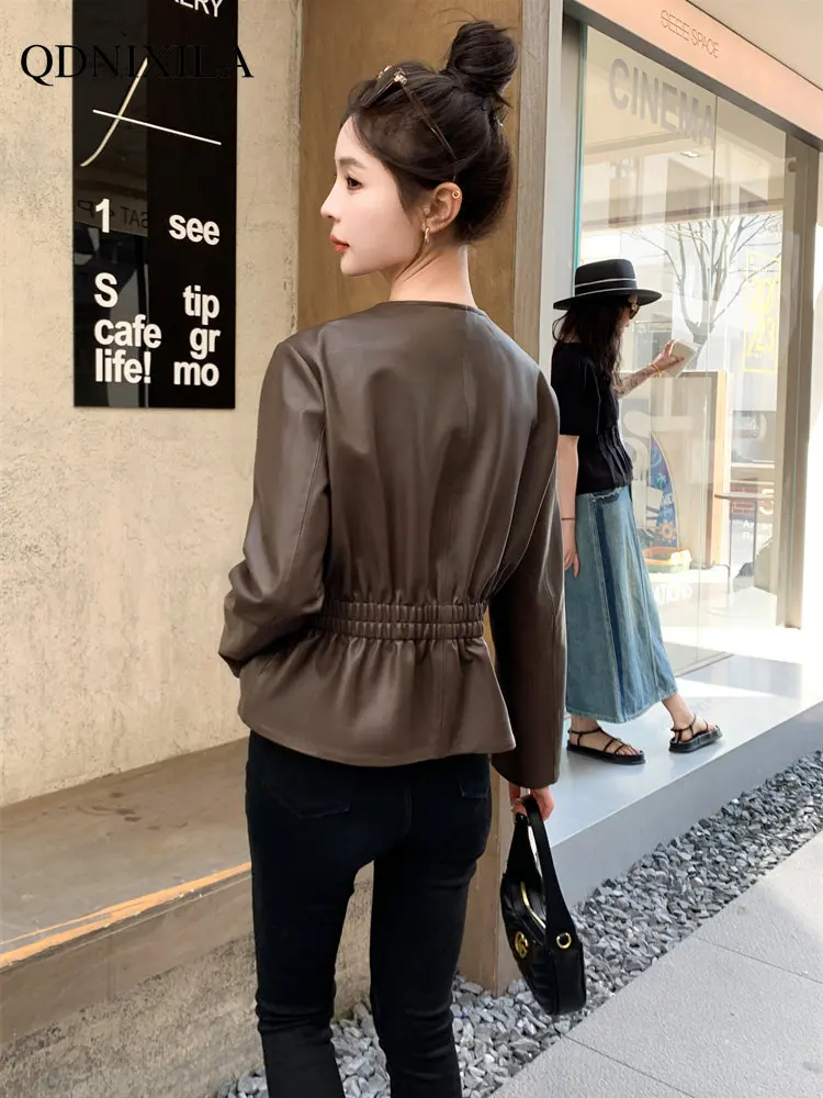 Women's Bomber Jacket Korean Fashion Sheepskin Coat for Women New Outerwear 2023 Slim Waist Skirt Hem Leather Jacket Women enlarge
