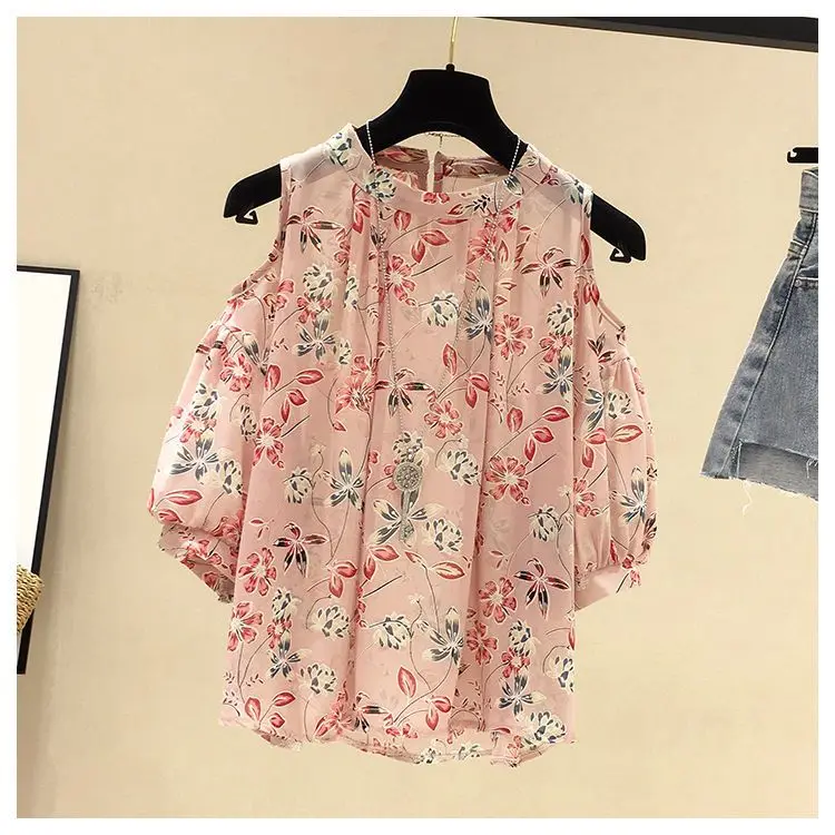 Фото Модные женские блузки с цветочным принтом, летние шифоновые рубашки 2025, модные женские блузы с коротким рукавом, с открытыми плечами, свободные топы для женщин №5