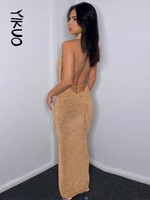 yikuo shine solid halter backless metal chain maxi prom dress 2022 summer women sexy elegant outfits evening party y2k wholesale