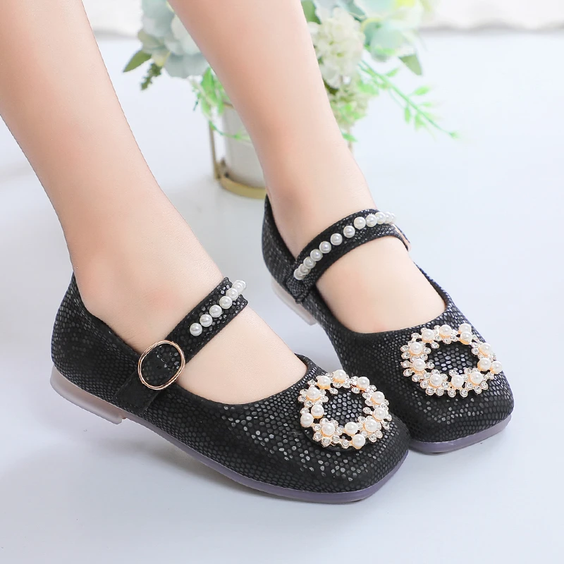 

Туфли детские кожаные, Классическая обувь на плоской подошве для девочек, со стразами, жемчугом, бисером, для свадебной вечеринки, школьной ...