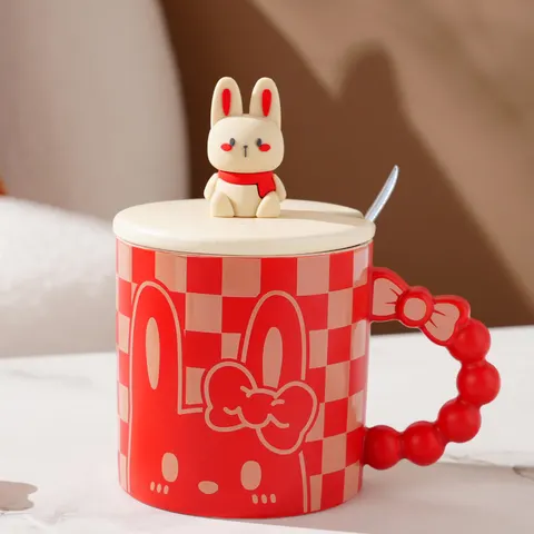 Милый мультяшный кролик керамическая кофейная кружка для девочек чашка для воды, кружка для чая с молоком с крышкой, ложка, офисные бытовые чашки для воды, 400 мл