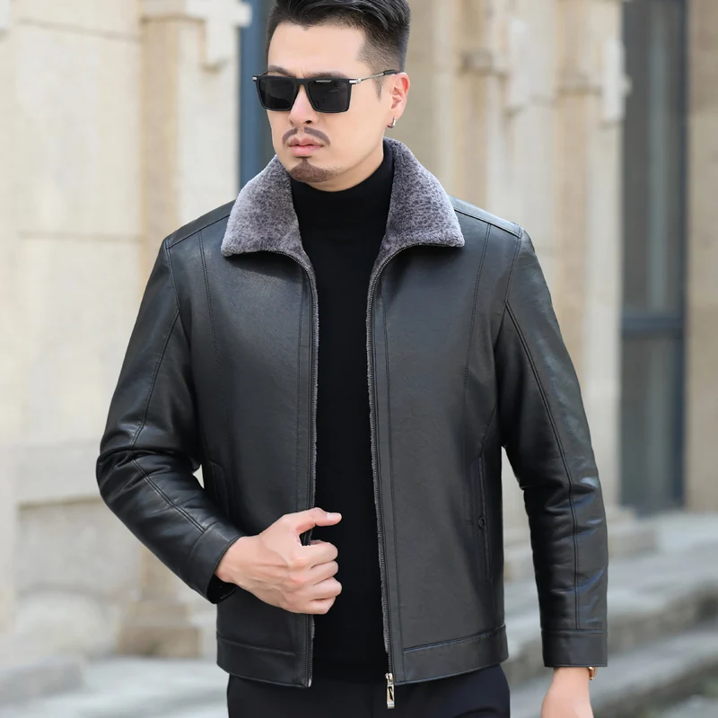 

Men's Clothes Fleece Fur Thickening Short Leather And Casual Top Jacket YXL-101 Sheepskin Jacket Genuine All-in-one