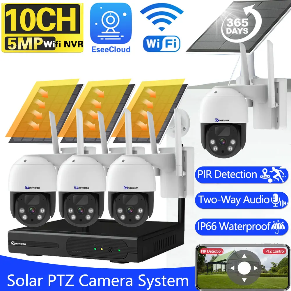 

10CH 5MP NVR 2K Solar Camera Wifi Outdoor PIR Detection Wireless Solaire Panel Camara ESeeCloud CCTV Security Protection System