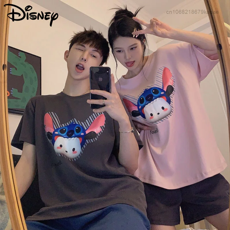 

Disney Stitch Cute Pajamas Suit Couple Design Women Men T-shirts Shorts 2 Piece Set Y2k New Korean Summer Cotton Casual Clothes